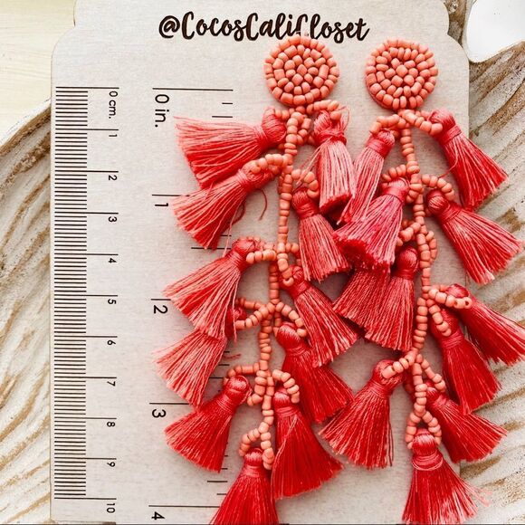 Boho Coral Pink Tiered Tassel Beaded Drop Earrings NWT - Picture 5 of 6